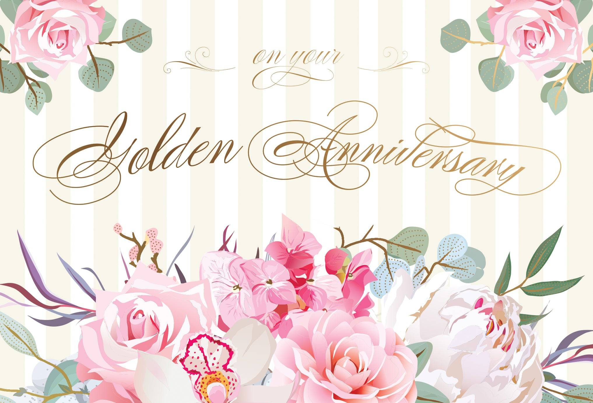 Golden 50th anniversary card from Pictura featuring elegant design for special milestone celebrations.